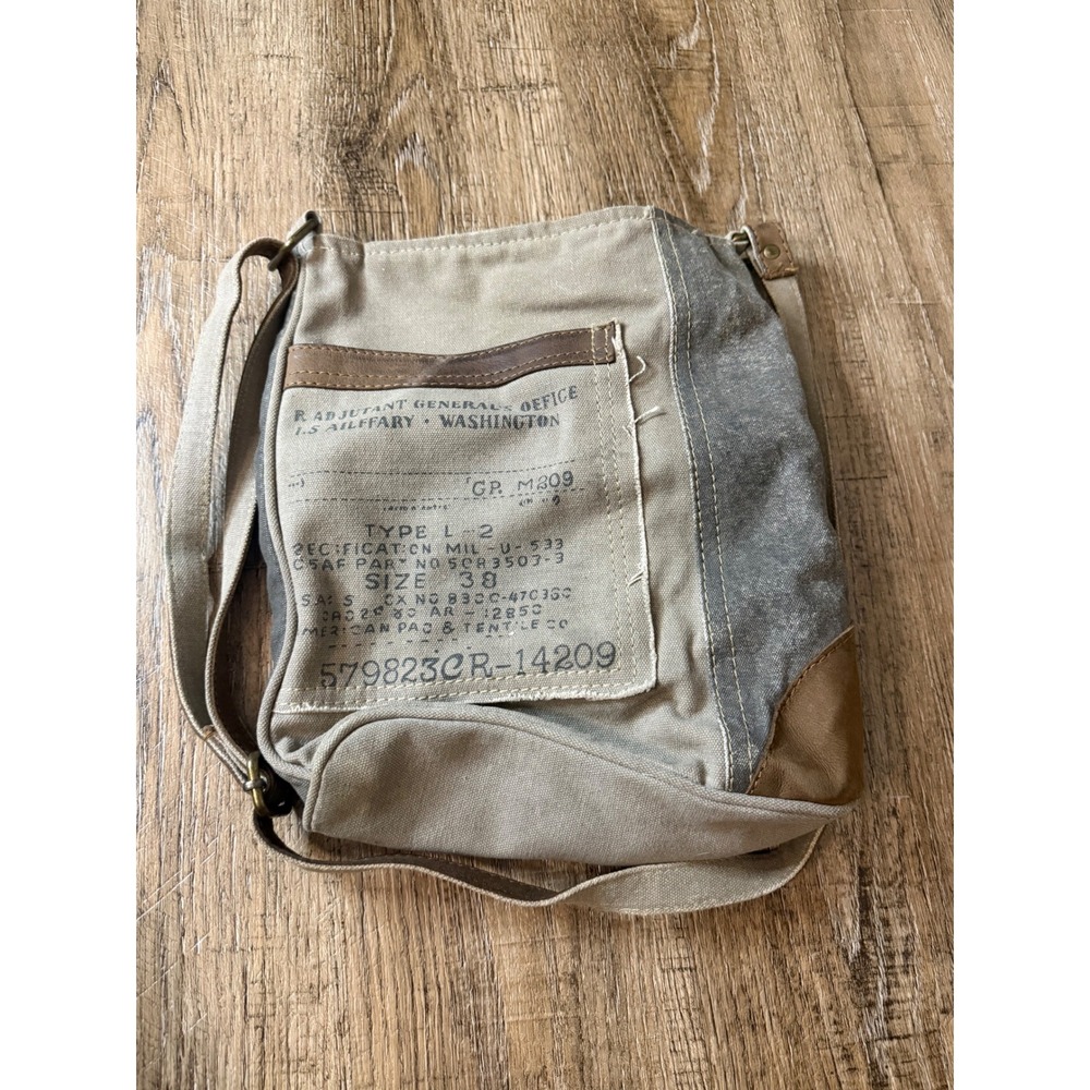 Mona B Upcycled Canvas Messenger Crossbody Bag Military Stencil Leather Trim